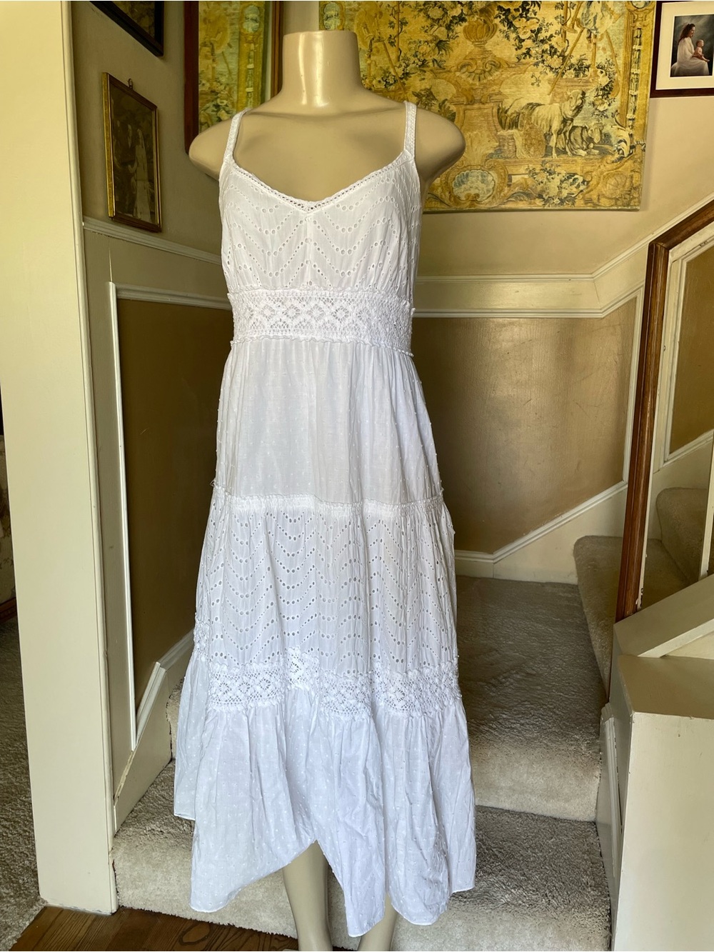 Spenser Jeremy White Eyelet Midi Dress Prairie Picnic Spaghetti Straps Lace 10